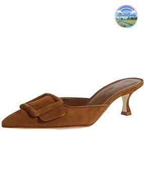 Faux Suede Pointed Toe Slingback Mules Kitten Heels Buckle Slip-On Dress Sandals